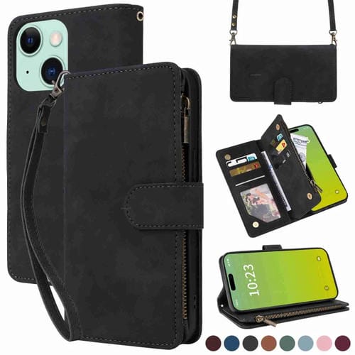 Para iPhone 15 Funda Cruzada de Cuero con Cremallera y Ranura para MĂșltiples Tarjetas para TelĂ©fono (Negro) - MOVILSTORE