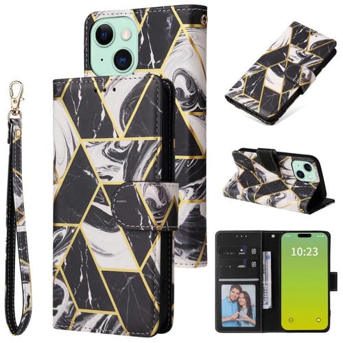 Para iPhone 15 Funda de Cuero con Costuras Bronceadoras de Mármol (Negro) - MOVILSTORE