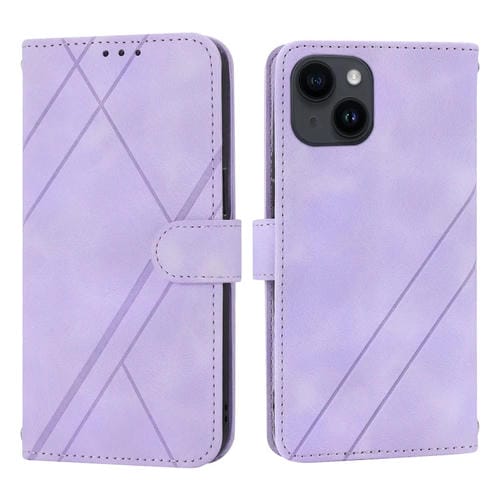 Para iPhone 15 Funda de Cuero con LĂnea En Relieve y CordĂłn (PĂșrpura) - MOVILSTORE