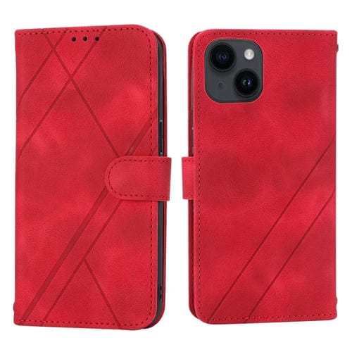 Para iPhone 15 Funda de Cuero con LĂnea En Relieve y CordĂłn (Rojo) - MOVILSTORE
