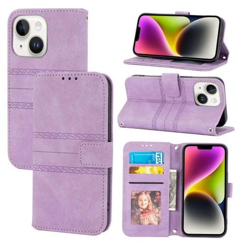 Para iPhone 15 Funda de Cuero con SensaciĂłn de Piel y Rayas En Relieve (PĂșrpura Claro) - MOVILSTORE