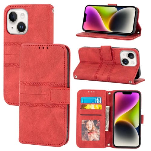 Para iPhone 15 Funda de Cuero con SensaciĂłn de Piel y Rayas En Relieve (Rojo) - MOVILSTORE