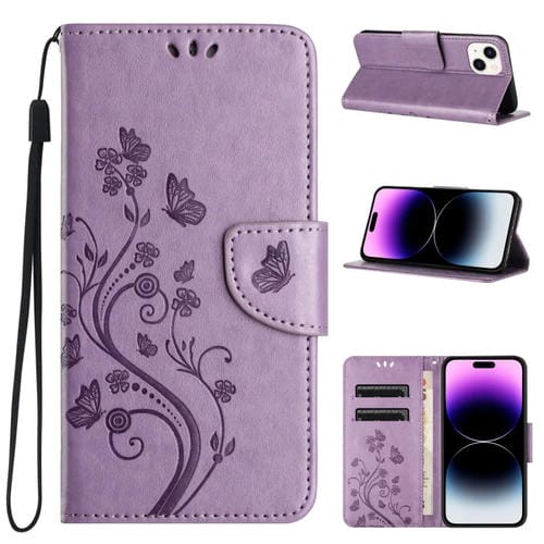 Para iPhone 15 Funda de Cuero con Tapa con PatrĂłn de Flores de Mariposa (PĂșrpura Claro) - MOVILSTORE