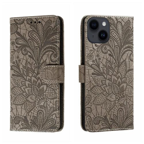 Para iPhone 15 Funda de Cuero con Tapa y Estampado de Flores de Encaje (Gris) - MOVILSTORE