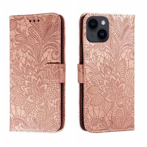Para iPhone 15 Funda de Cuero con Tapa y Estampado de Flores de Encaje (Oro Rosa) - MOVILSTORE
