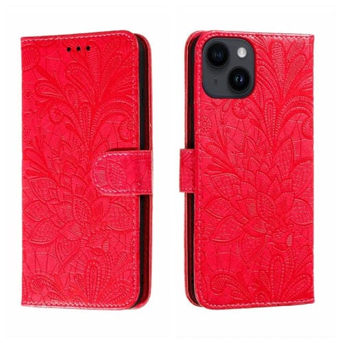 Para iPhone 15 Funda de Cuero con Tapa y Estampado de Flores de Encaje (Rojo) - MOVILSTORE