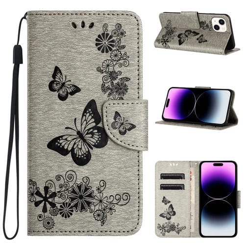 Para iPhone 15 Funda de Cuero con Tapa y Relieve de Mariposa (Gris) - MOVILSTORE