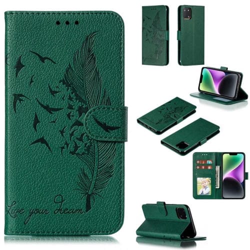 Para iPhone 15 Funda de Cuero para Teléfono con Textura Litchi con Patrón de Plumas (Verde) - MOVILSTORE