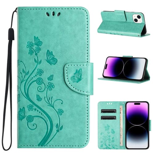 Para iPhone 15 Funda de Teléfono de Cuero con Tapa con Patrón de Flores de Mariposa (Verde) - MOVILSTORE
