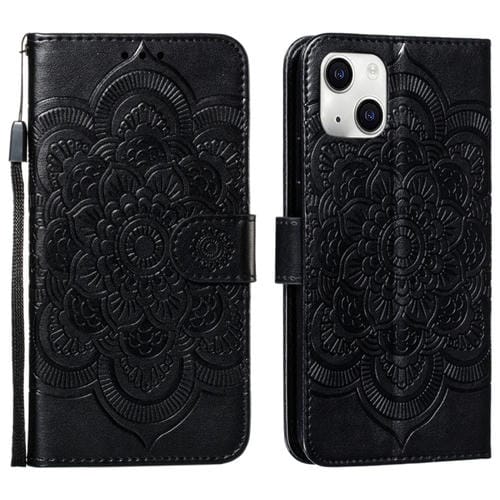 Para iPhone 15 Funda de Teléfono de Cuero con Tapa Horizontal con Patrón de Relieve de Mandala (Negro) - MOVILSTORE