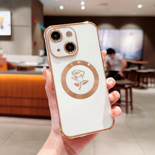 Para iPhone 15 Funda para Teléfono Magsafe con Flores de Rosas Laterales Electrochapadas (Blanco) - MOVILSTORE