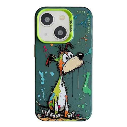 Para iPhone 15 Funda para Teléfono PC + TPU con Pintura al Óleo con Patrón Animal (Perro Verde) - MOVILSTORE