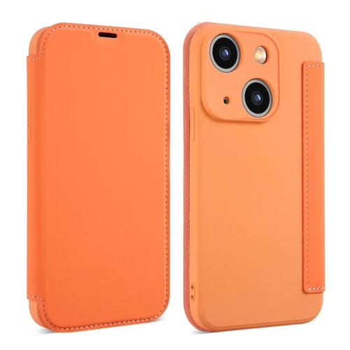 Para iPhone 15 Imitate Liquid Skin Feel Funda de Cuero para Teléfono con Ranuras para Tarjetas (Naranja) - MOVILSTORE