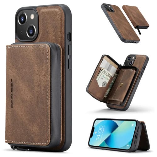 Para iPhone 15 Jeehood Funda de Cuero para Teléfono con Billetera con Cremallera Magnética (Marrón) - MOVILSTORE