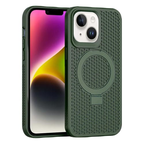 Para iPhone 15 Skin Feel PC + TPU Funda Magnética para Teléfono Magsafe con Enfriamiento y Soporte (Verde Oscuro) - MOVILSTORE