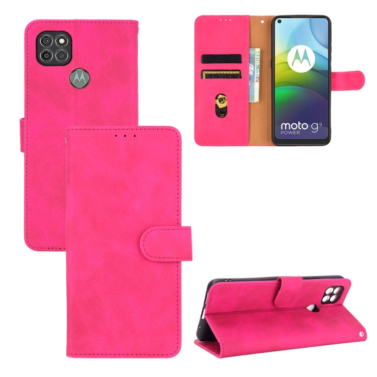 Para Motorola Moto G9 Power, color sólido, tacto de la piel, hebilla magnética, textura de becerro abatible horizontal, funda de cuero PU con soporte, ranuras para tarjetas y billetera (rosa rojo)