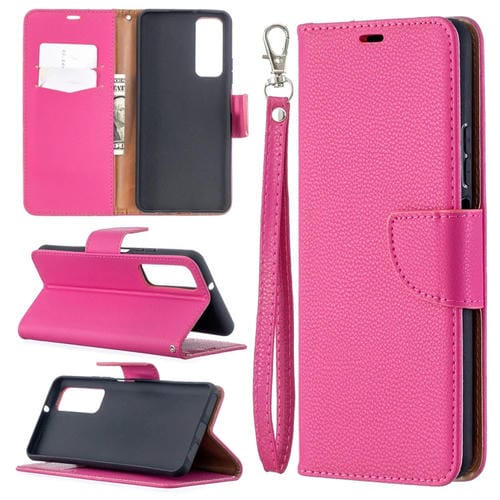 Para Huawei P Smart 2021 / Y7A Litchi Texture Color Pure Horizontal Flip PU Funda de cuero con soporte y tragamonedas de tarjetas y billetera y cordón (Rose Rojo)