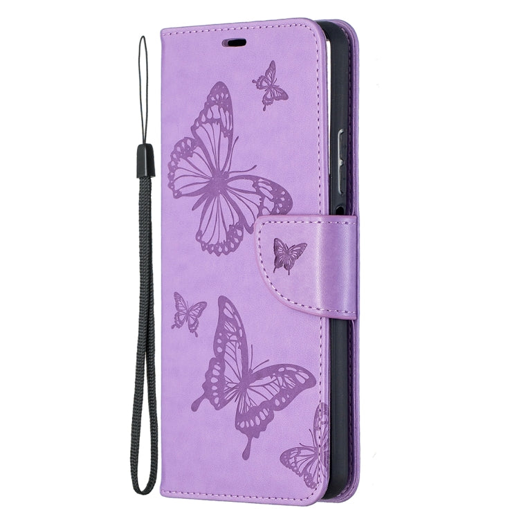 Para Huawei P Smart 2021 / Y7A Dos mariposas Patrón de estampado en relieve Funda de cuero de la tapa con soporte y tarjeta Slot & Wallet & Lanyard (púrpura)
