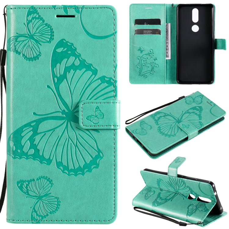 Para Nokia 2.4 3D Mariposas Patrón de relieve Funda de cuero con tapa horizontal con soporte, ranura para tarjeta y billetera (verde)