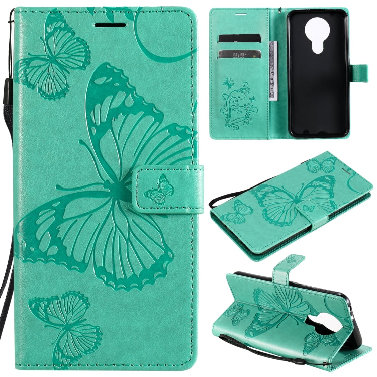 Para Nokia 3.4 3D Mariposas en relieve Patrón Horizontal Flip Funda de cuero con soporte y ranura para tarjeta y billetera (Verde)