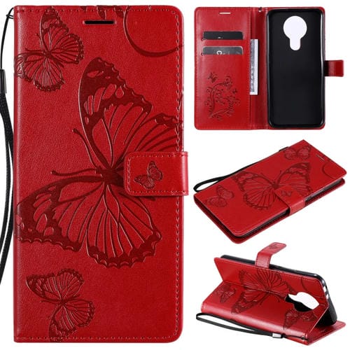 Para Nokia 3.4 3D Mariposas en relieve Patrón Horizontal Flip Funda de cuero con soporte y ranura para tarjeta y billetera (Rojo)