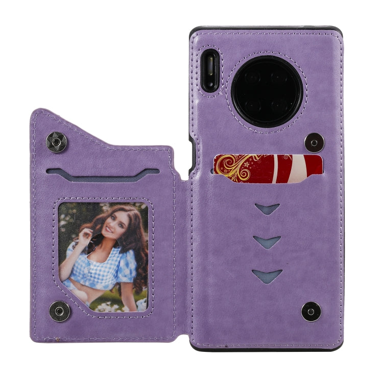 Para Huawei Mate 30 Pro Flor Patrón de estampado de estampado de estampado de impermeables con soporte y ranuras para tarjetas y marco de fotos (púrpura)