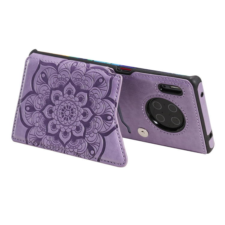 Para Huawei Mate 30 Pro Flor Patrón de estampado de estampado de estampado de impermeables con soporte y ranuras para tarjetas y marco de fotos (púrpura)