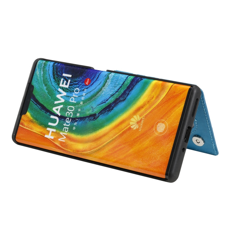 Para Huawei Mate 30 PRO Flower Patrón de estampado de estampado de impermeable con soporte y ranuras para tarjetas y marco de fotos (azul)