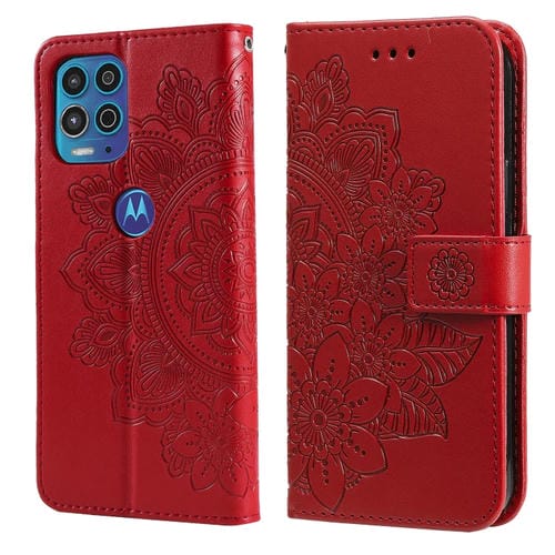 Para Motorola Moto G100 / EDGE S 7-Pétalo Flowers Patrón de estampado de estampado de PU Horizontal Funda de cuero con soporte y ranuras para tarjetas y marco de fotos (rojo)