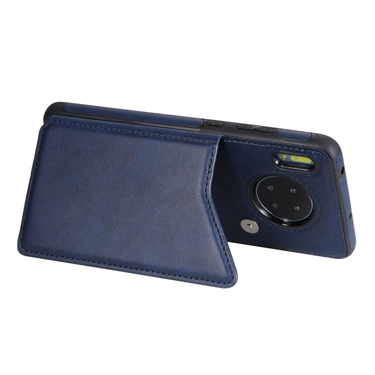 Funda de cuero con tapa horizontal con textura de becerro para Huawei Mate 30 con soporte, ranuras para tarjetas y marco (azul)