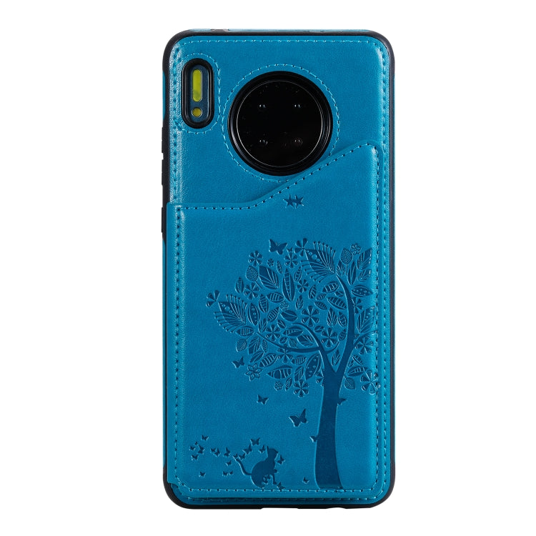 Funda protectora a prueba de golpes con patrón en relieve de árbol de gato Huawei Mate 30 con ranuras para tarjetas y marco de fotos (azul)