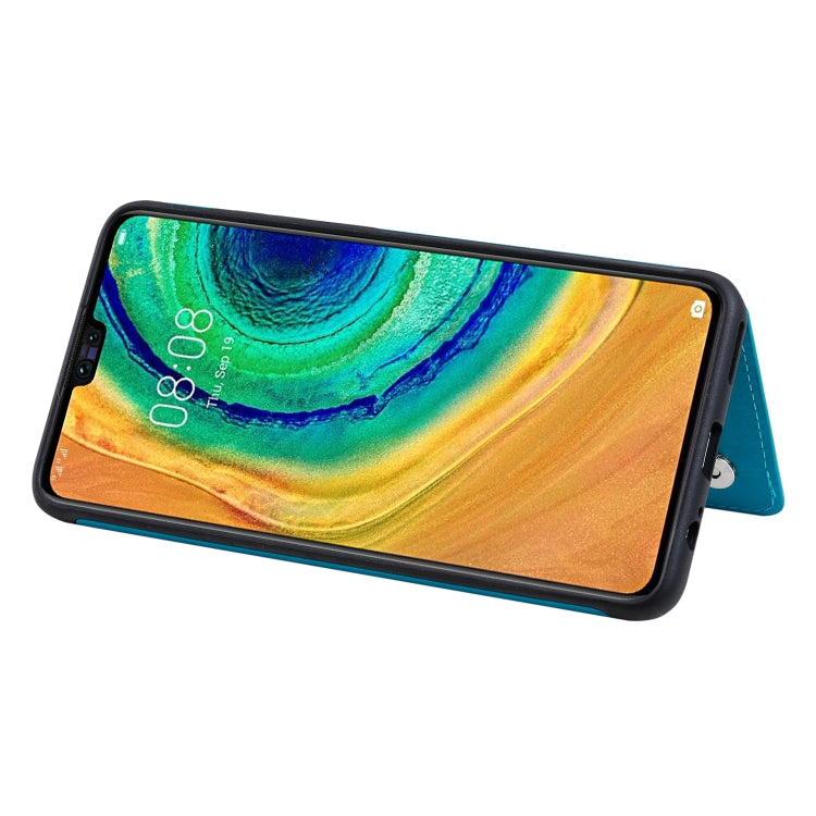Funda protectora a prueba de golpes con patrón en relieve de árbol de gato Huawei Mate 30 con ranuras para tarjetas y marco de fotos (azul)