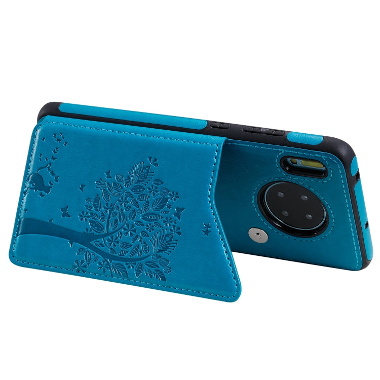 Funda protectora a prueba de golpes con patrón en relieve de árbol de gato Huawei Mate 30 con ranuras para tarjetas y marco de fotos (azul)