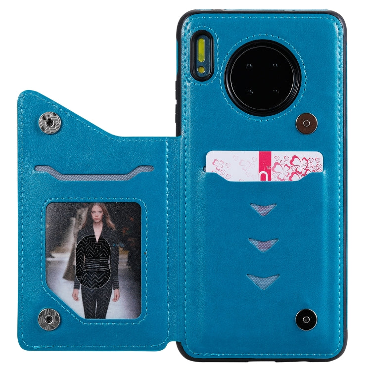 Funda protectora a prueba de golpes con patrón en relieve de árbol de gato Huawei Mate 30 con ranuras para tarjetas y marco de fotos (azul)