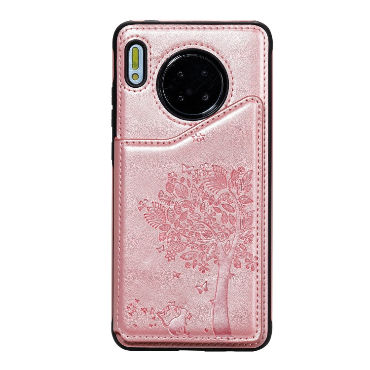 Funda protectora a prueba de golpes con patrón en relieve de árbol de gato Huawei Mate 30 con ranuras para tarjetas y marco de fotos (oro rosa)