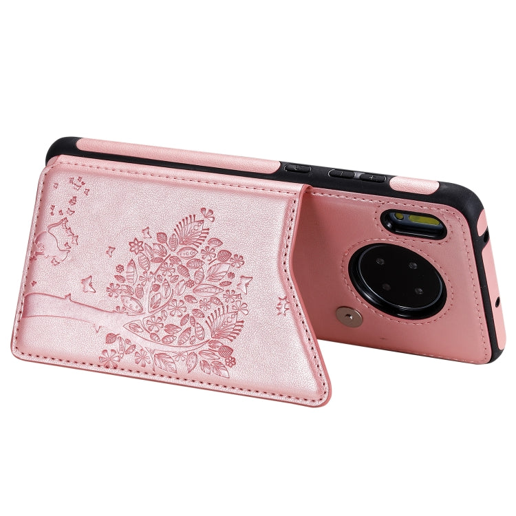 Funda protectora a prueba de golpes con patrón en relieve de árbol de gato Huawei Mate 30 con ranuras para tarjetas y marco de fotos (oro rosa)