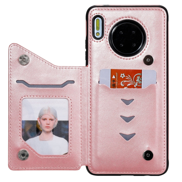 Funda protectora a prueba de golpes con patrón en relieve de árbol de gato Huawei Mate 30 con ranuras para tarjetas y marco de fotos (oro rosa)