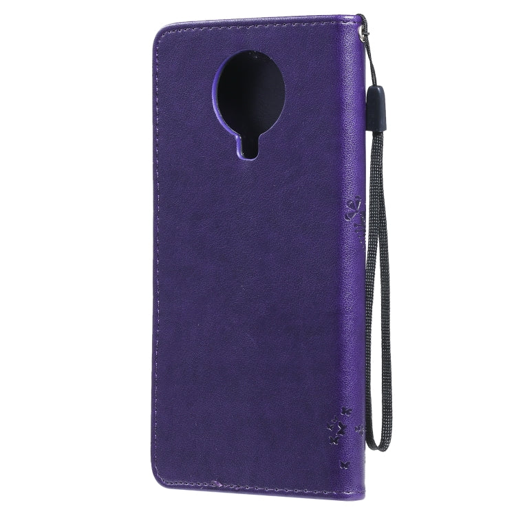 Para Nokia 6.3 Patrón de árbol y gato Impresión prensada Funda de cuero de la PU de la PU con el soporte y las ranuras y la cartera y el cordón (púrpura)