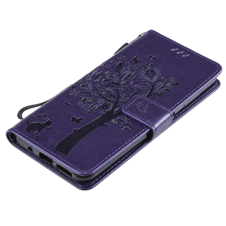 Para Nokia 6.3 Patrón de árbol y gato Impresión prensada Funda de cuero de la PU de la PU con el soporte y las ranuras y la cartera y el cordón (púrpura)
