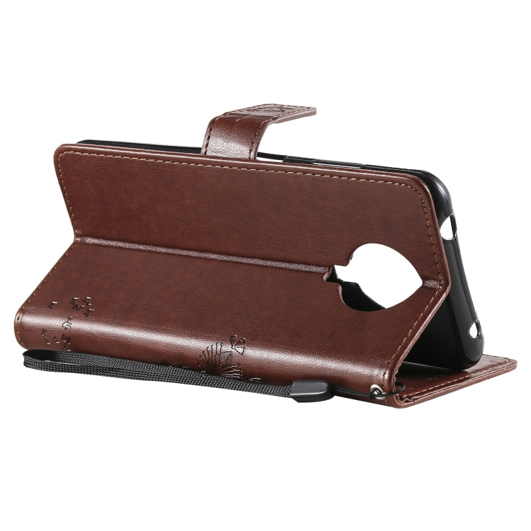 Para Nokia 6.3 Patrón de árbol y gato Impresión prensada Funda de cuero Horizontal Flip PU con soporte y tragamonedas de tarjetas y billetera y cordón (café)