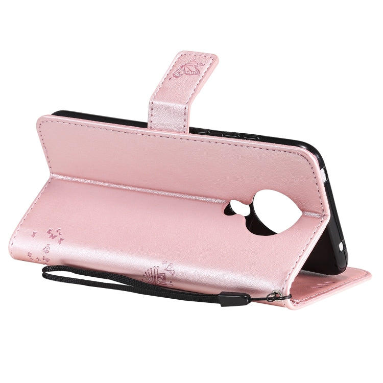 Para Nokia 5.3 Patrón de árbol y gato Impresión prensada Funda de cuero Horizontal Flip PU con soporte y ranuras para tarjetas y billetera y cordón (oro rosa)