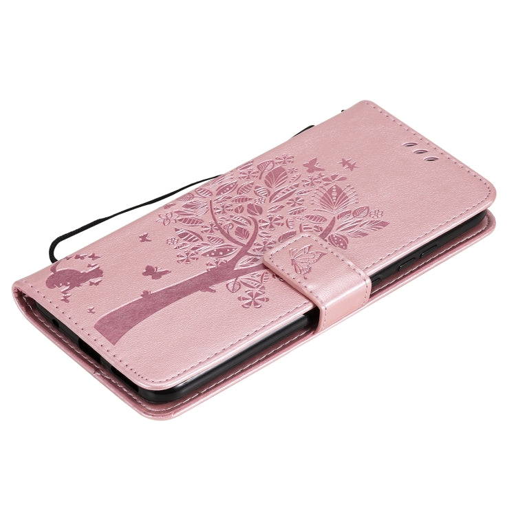Para Nokia 5.3 Patrón de árbol y gato Impresión prensada Funda de cuero Horizontal Flip PU con soporte y ranuras para tarjetas y billetera y cordón (oro rosa)