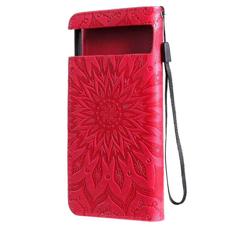 Para Google Pixel 6 Pro Sun Sun Pattern Horizontal Flip Funda de cuero con ranura para tarjeta y soporte y cartera y cordón (rojo)