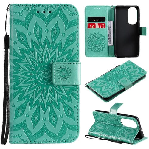 Para Huawei P50 Sun Pattern Horizontal Flip Funda de cuero con ranura para tarjeta y soporte y billetera y cordón (verde)