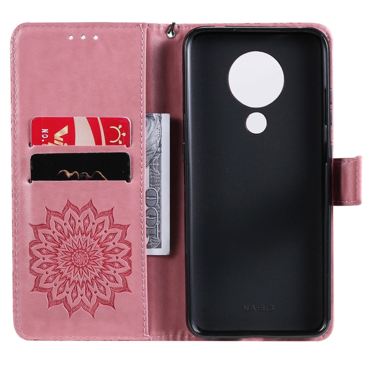 Para Nokia 5.3 Patrón de estampado en estampado de sol Horizontal Flip Funda con ranura para tarjeta y soporte y cartera y cordón (rosa)