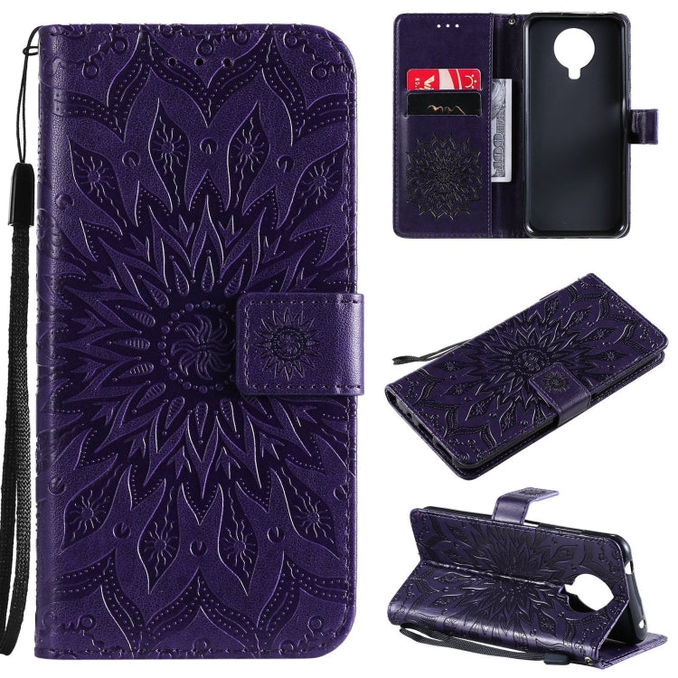 Para Nokia 6.3 / G20 / G10 Patrón de estampado en relieve Horizontal Flip Funda de cuero con ranura para tarjeta y soporte y billetera y cordón (púrpura)