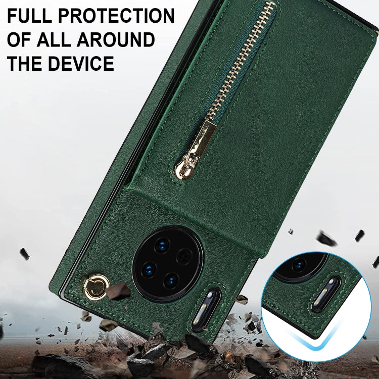Para Huawei Mate 30 Pro Cross-Body Zipper Square TPU + PU Funda trasera con soporte y ranuras para tarjetas y correa (verde)