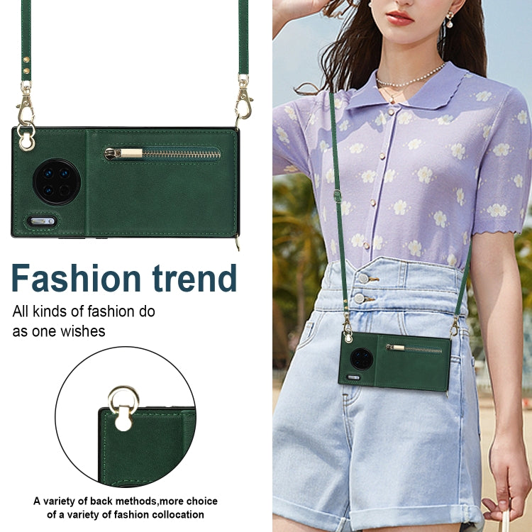 Para Huawei Mate 30 Pro Cross-Body Zipper Square TPU + PU Funda trasera con soporte y ranuras para tarjetas y correa (verde)