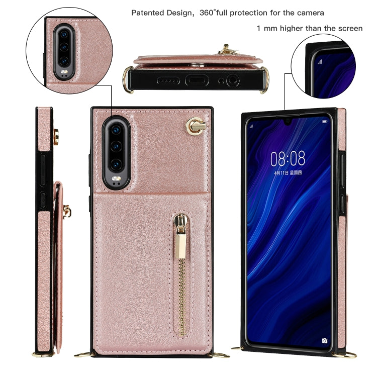Para Huawei P30 Cross-Body Zipper Square TPU + PU Funda trasera con soporte y tragamonedas de tarjetas y billetera y correa (oro rosa)