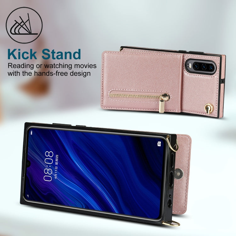 Para Huawei P30 Cross-Body Zipper Square TPU + PU Funda trasera con soporte y tragamonedas de tarjetas y billetera y correa (oro rosa)